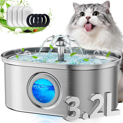 Premium Stainless Steel Pet Water Fountain – 3.2L Automatic Cat & Dog Drinking Fountain with Water Level Window