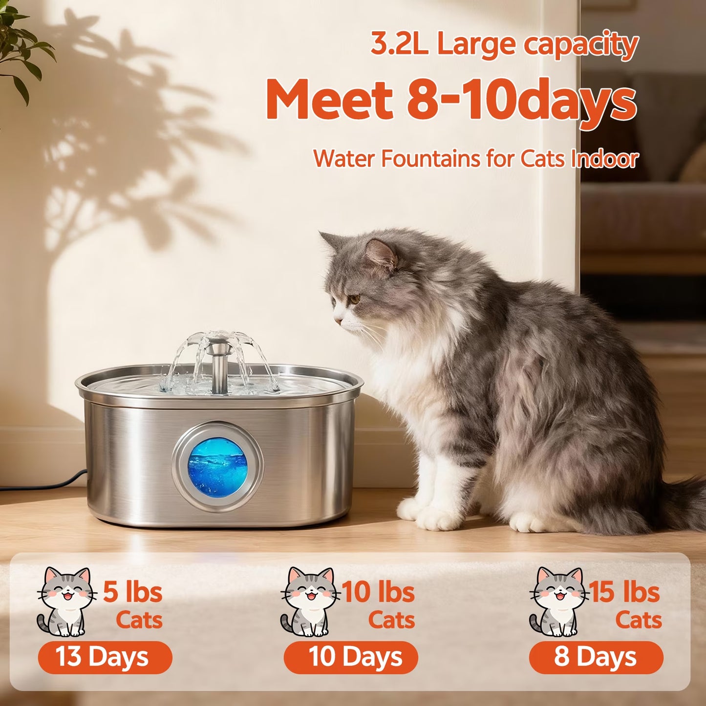 Premium Stainless Steel Pet Water Fountain – 3.2L Automatic Cat & Dog Drinking Fountain with Water Level Window