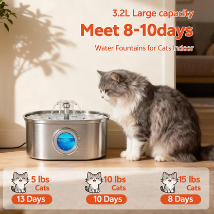 Premium Stainless Steel Pet Water Fountain – 3.2L Automatic Cat & Dog Drinking Fountain with Water Level Window
