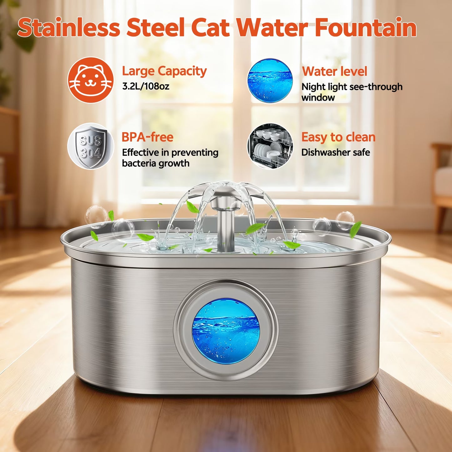Premium Stainless Steel Pet Water Fountain – 3.2L Automatic Cat & Dog Drinking Fountain with Water Level Window